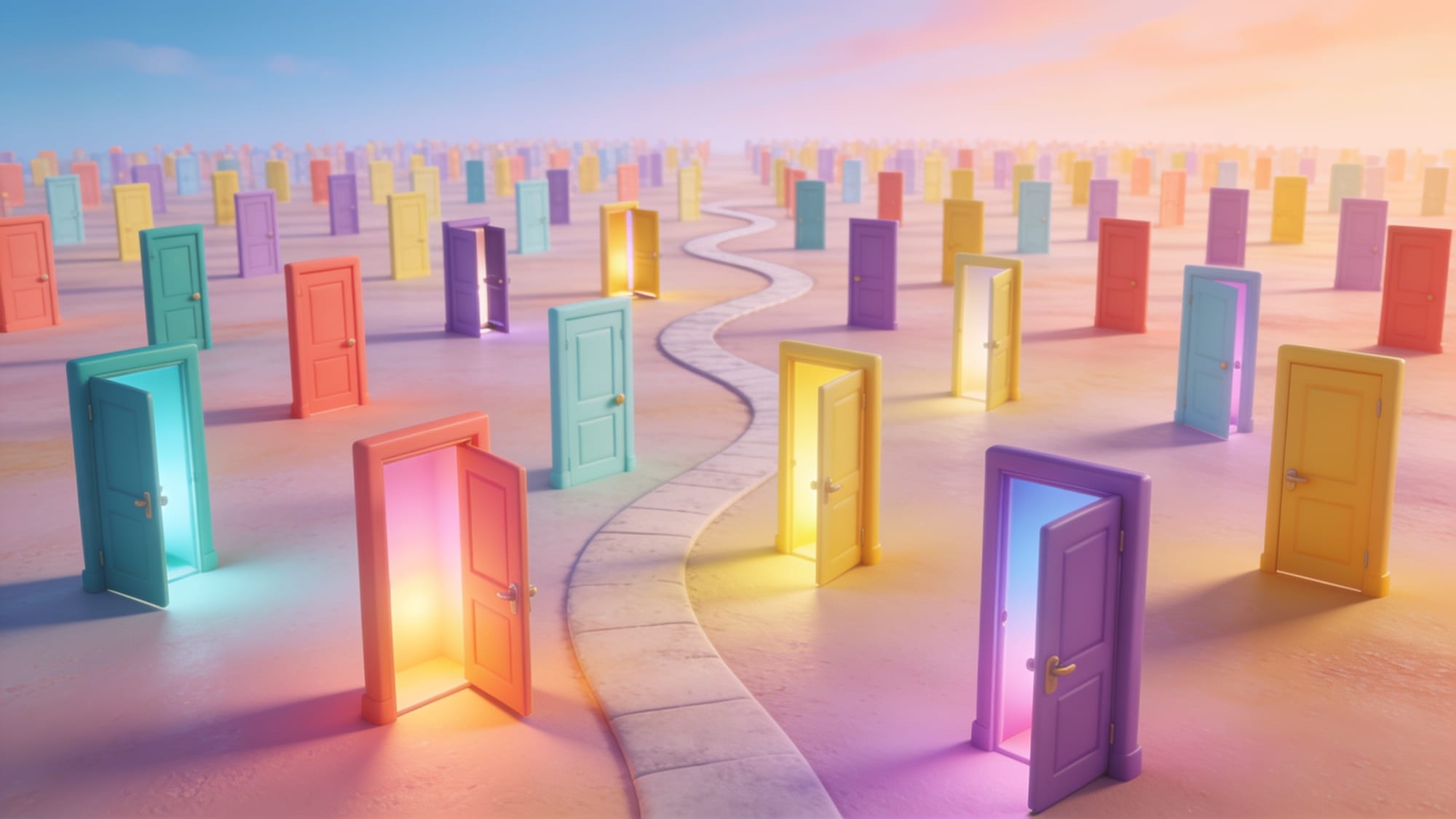 A field of colourful open doors with one winding path leading through them