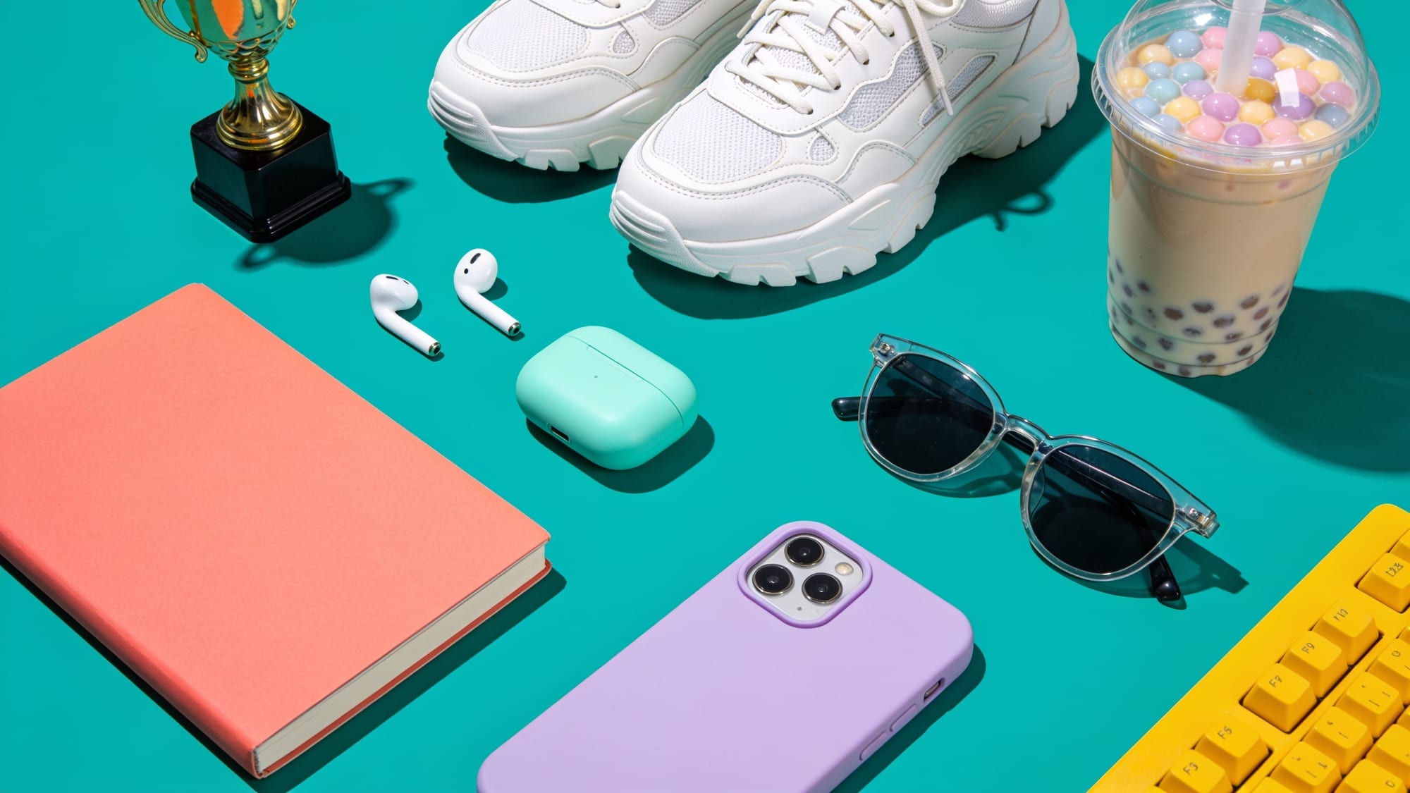 A colourful flat-lay of a young professional's world: sneakers, earbuds, phone, sunglasses, notebook, trophy and bubble tea