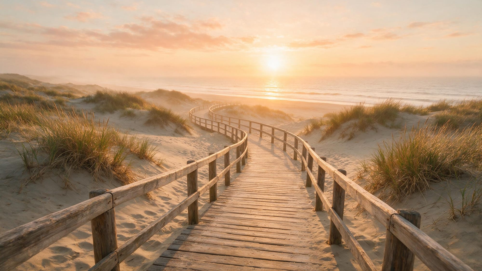 Long empty boardwalk through New Zealand coastal dunes leading toward a golden sunrise, the early start before everyone else arrives