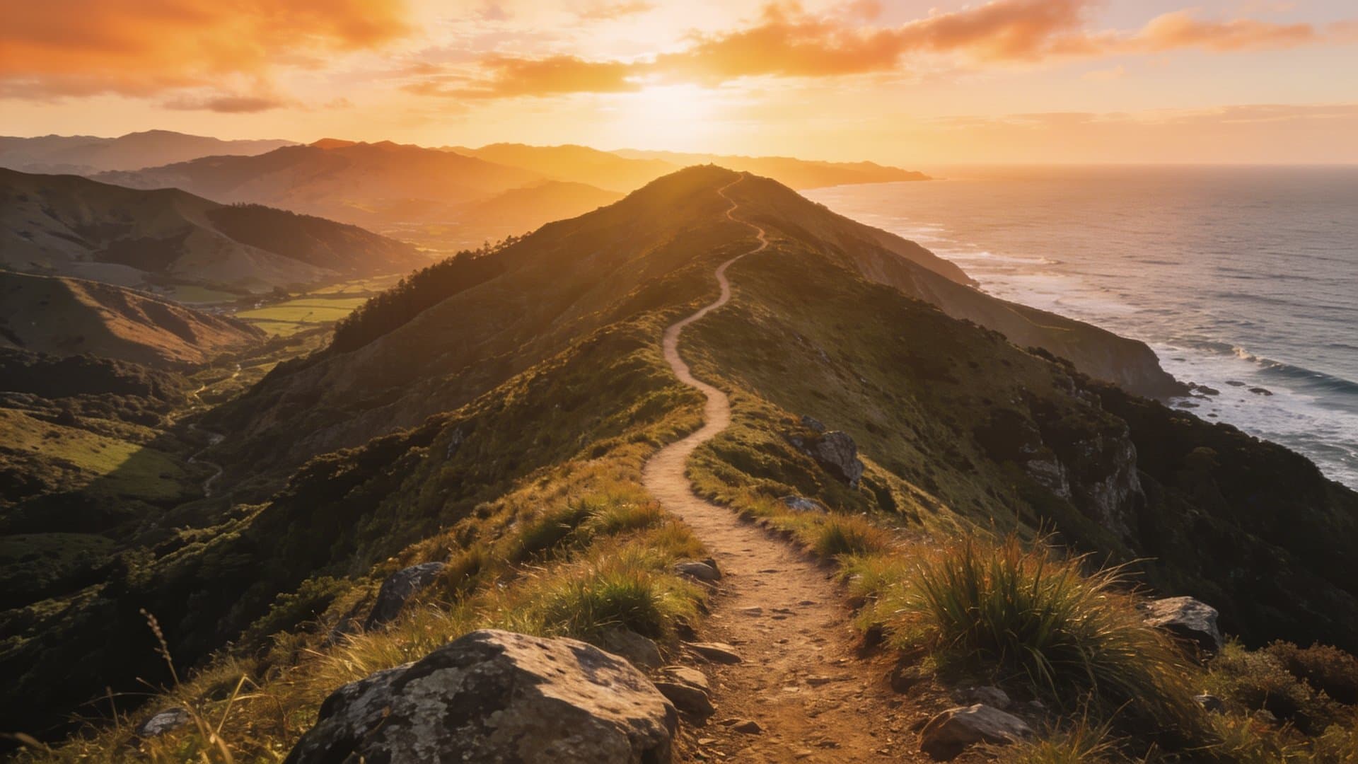 Winding trail along a New Zealand coastal ridge climbing toward sunrise, the long journey of building a business
