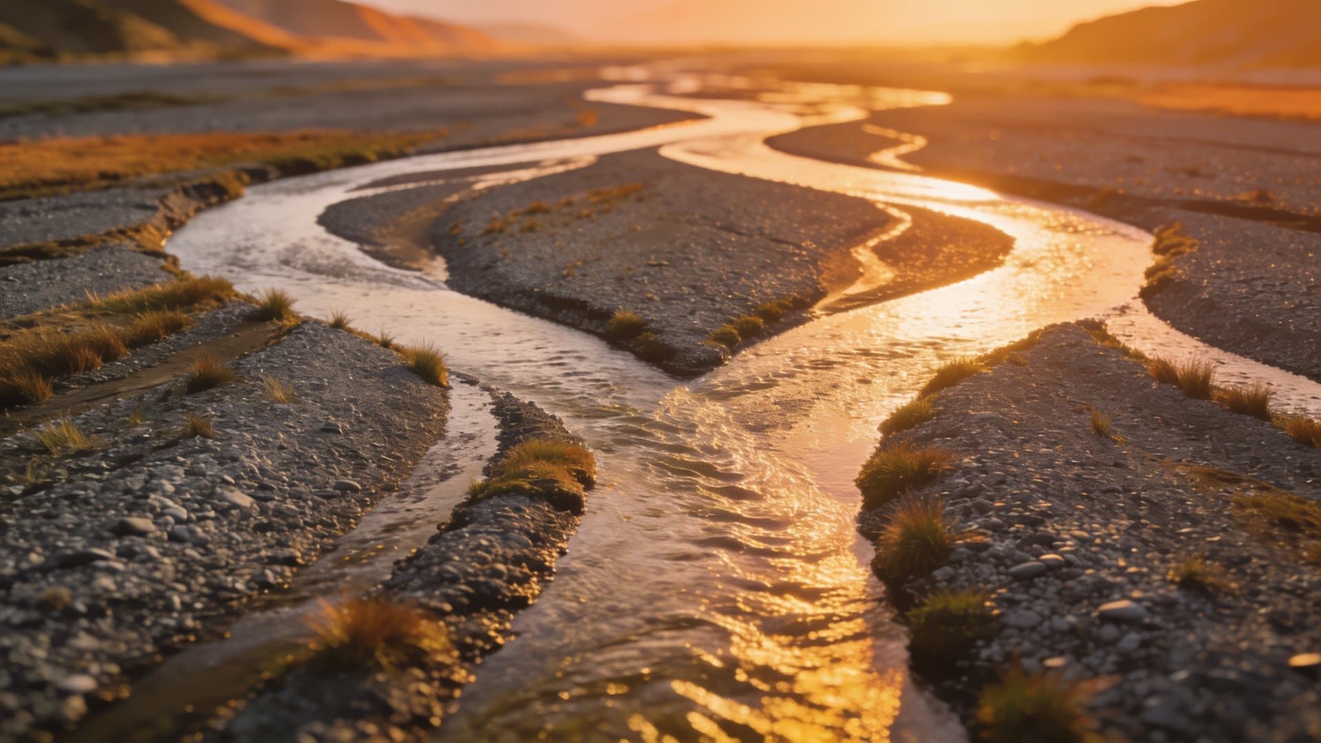 Braided New Zealand river channels weaving apart and rejoining across a gravel valley at golden hour, symbolising how careers never move in straight lines