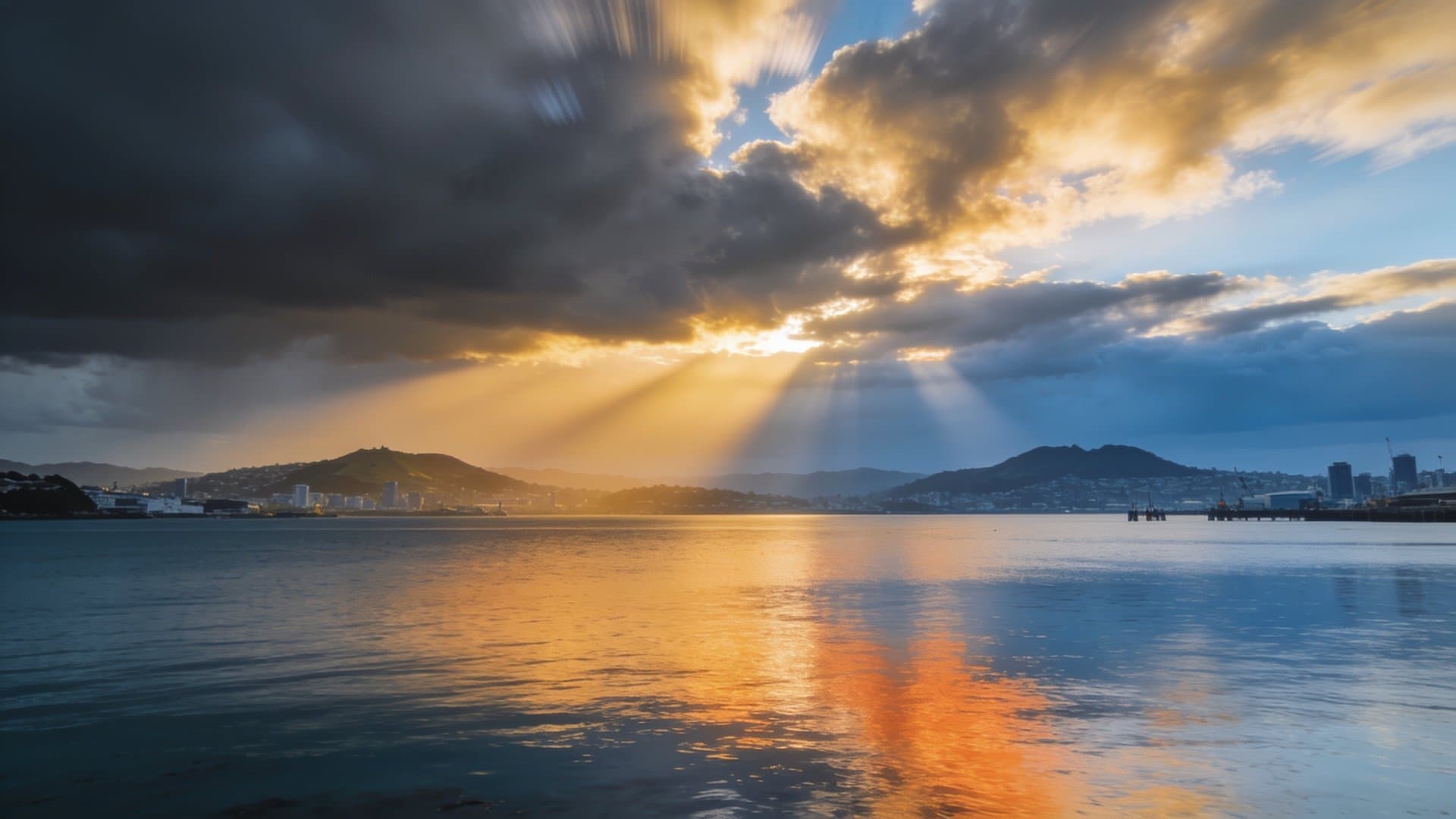 First light breaking through clouds over a calm New Zealand harbour, confidence returning after uncertainty