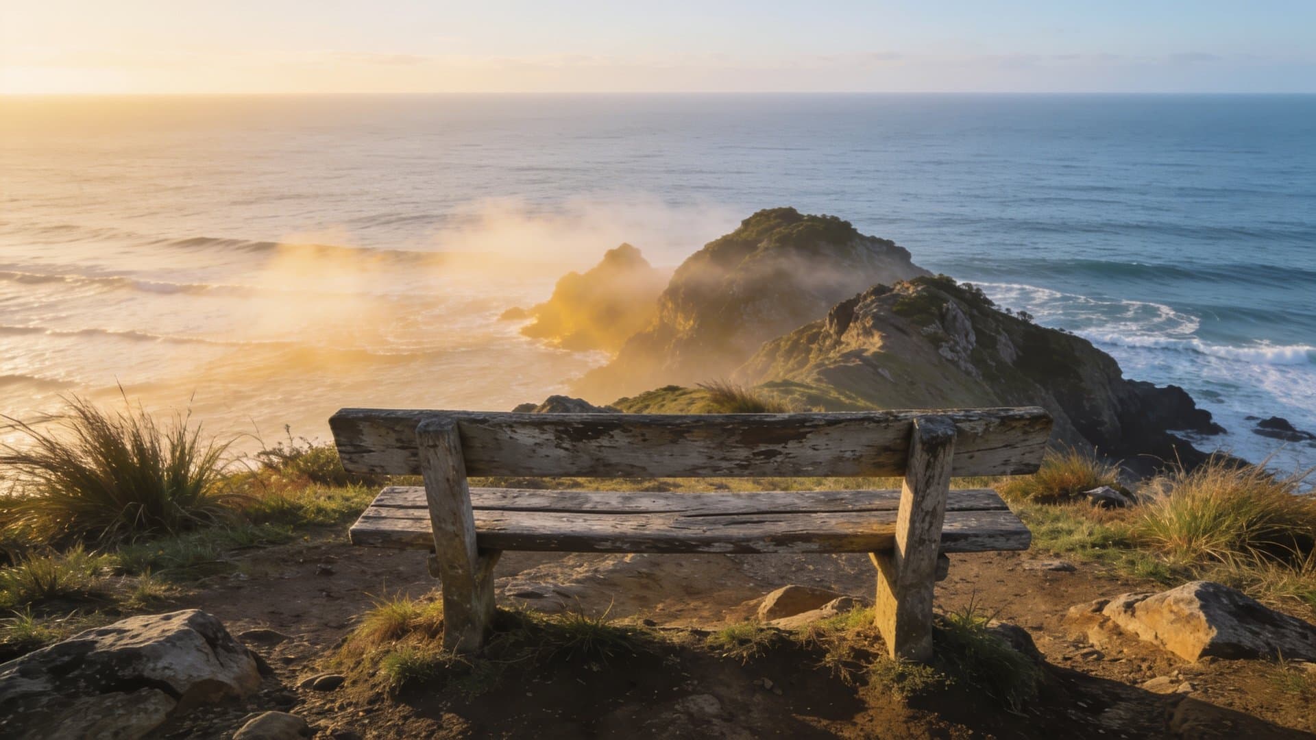 Lone wooden bench on a New Zealand clifftop at dawn facing a calm ocean horizon, a place for reflection and perspective