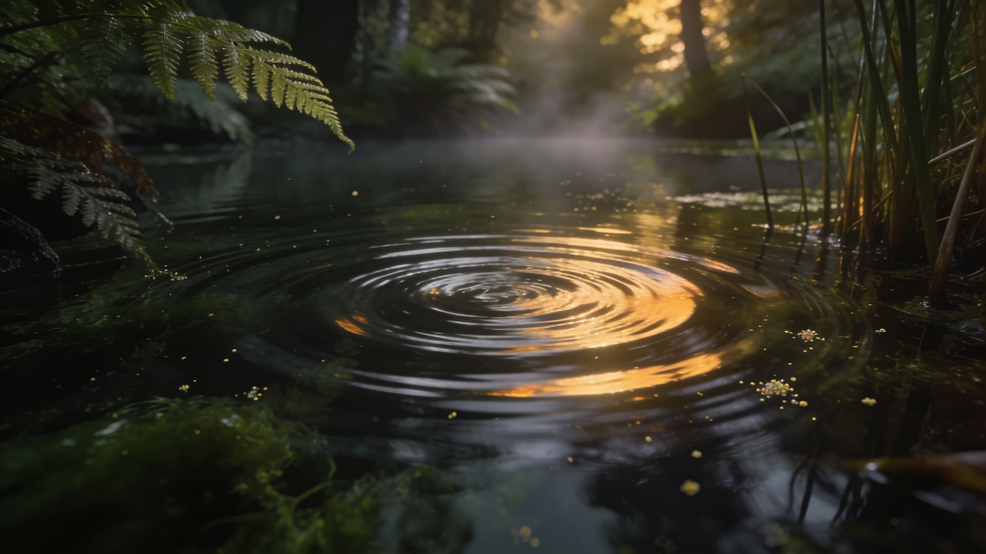 Perfect circular ripples spreading outward from a single stone dropped into a still New Zealand pond at dawn, native bush reflected in the water