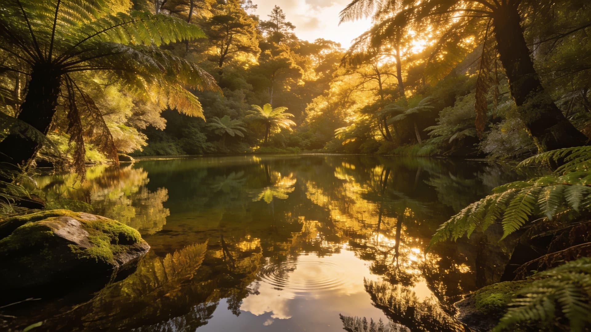 A calm New Zealand pond at golden hour returning to stillness after ripples fade, native ferns at the water's edge