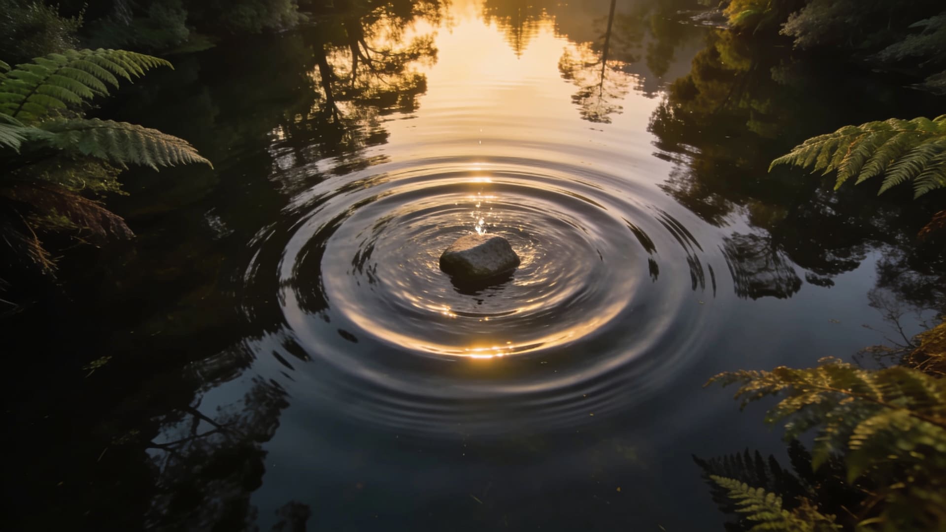 Circular ripples spreading from a stone dropped into a still New Zealand pond at dawn, native bush reflected in the water