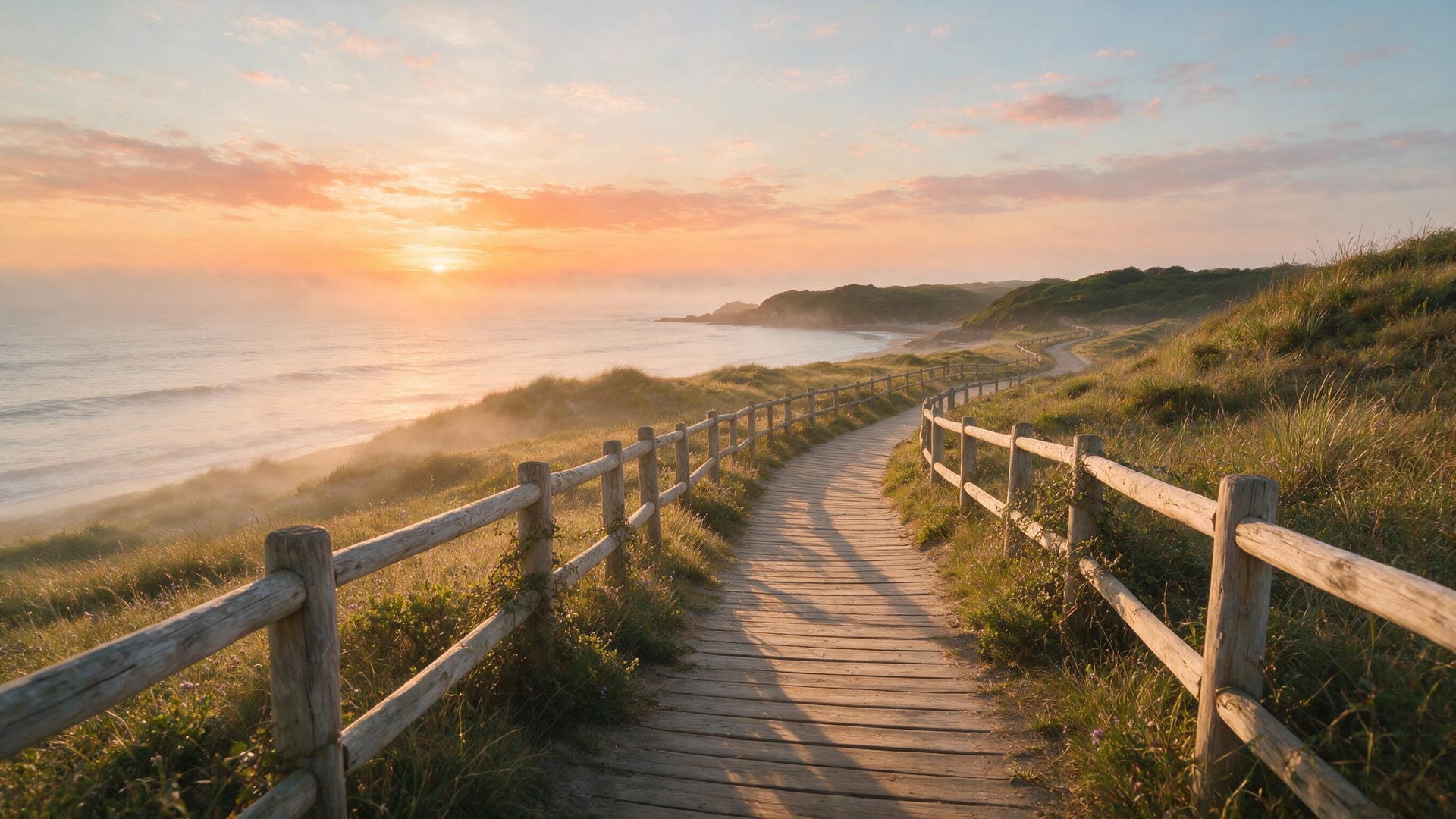 Empty New Zealand coastal track at first light with morning mist lifting off the hills, the advantage of starting before everyone else