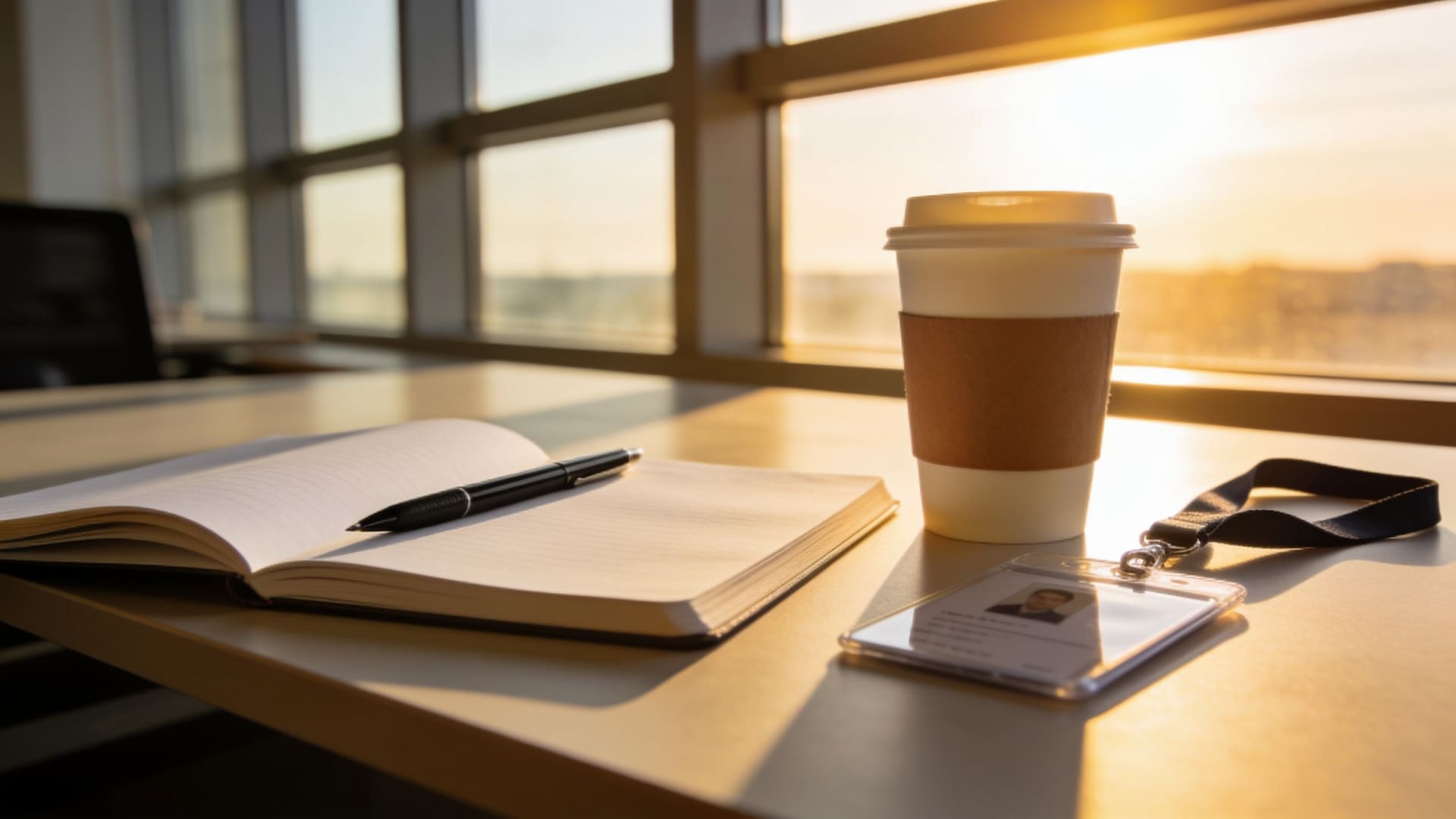 Notebook, pen and a fresh coffee on a tidy desk in morning light, ready for the first day of a new job