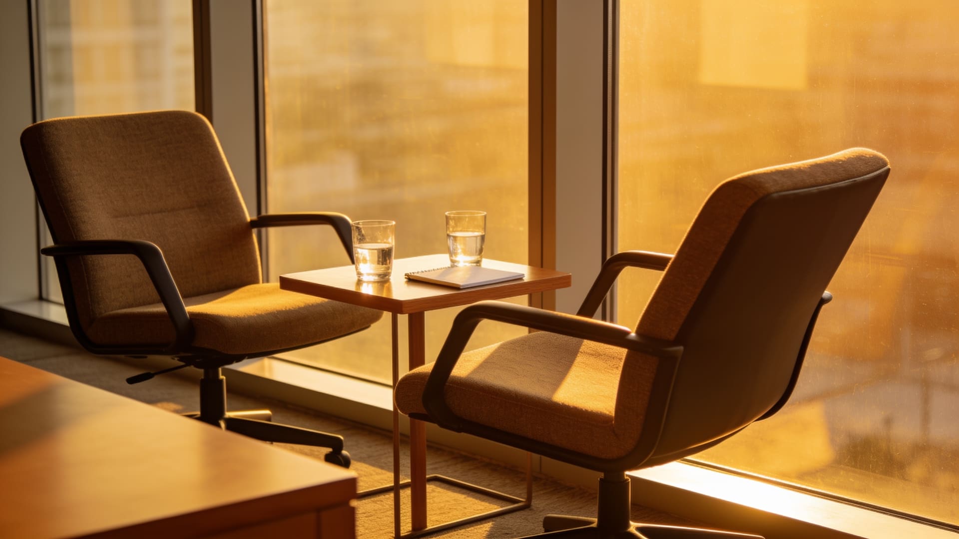 Two chairs angled toward each other beside a sunlit office window, an informal end-of-week catch-up about to happen