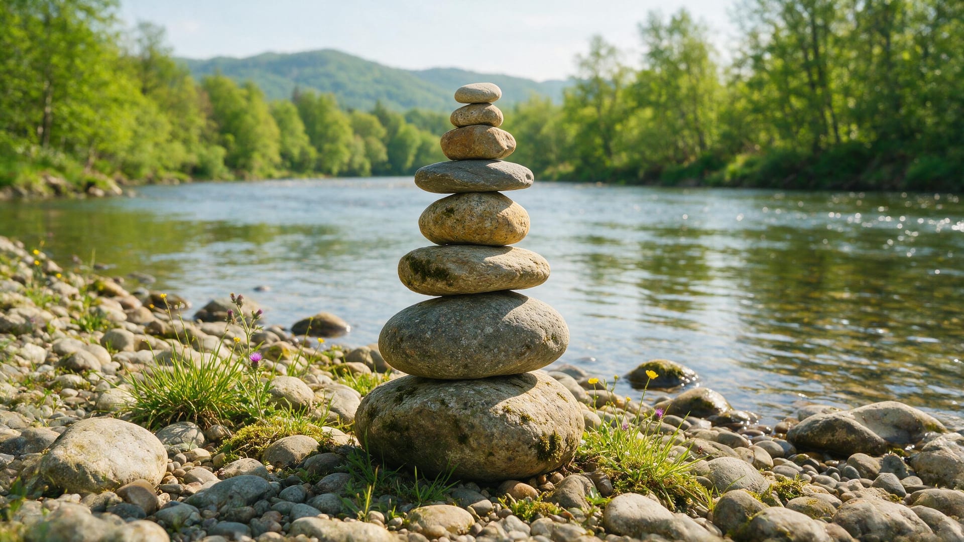 River stones stacked into a balanced cairn on a New Zealand riverbank at golden hour, ordinary pieces forming something distinctive