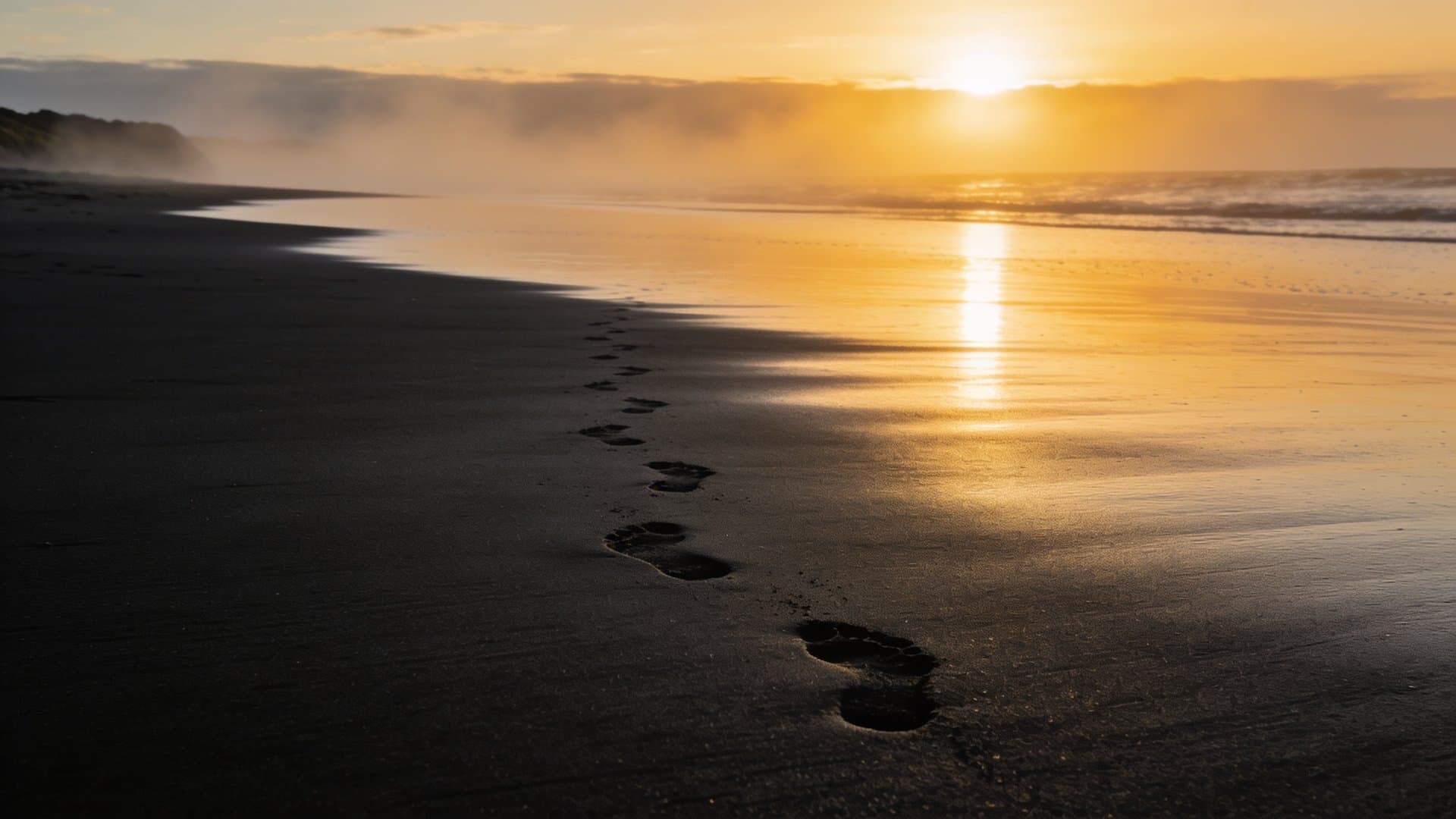 Fresh footprints crossing an empty New Zealand beach at sunrise, heading toward the light