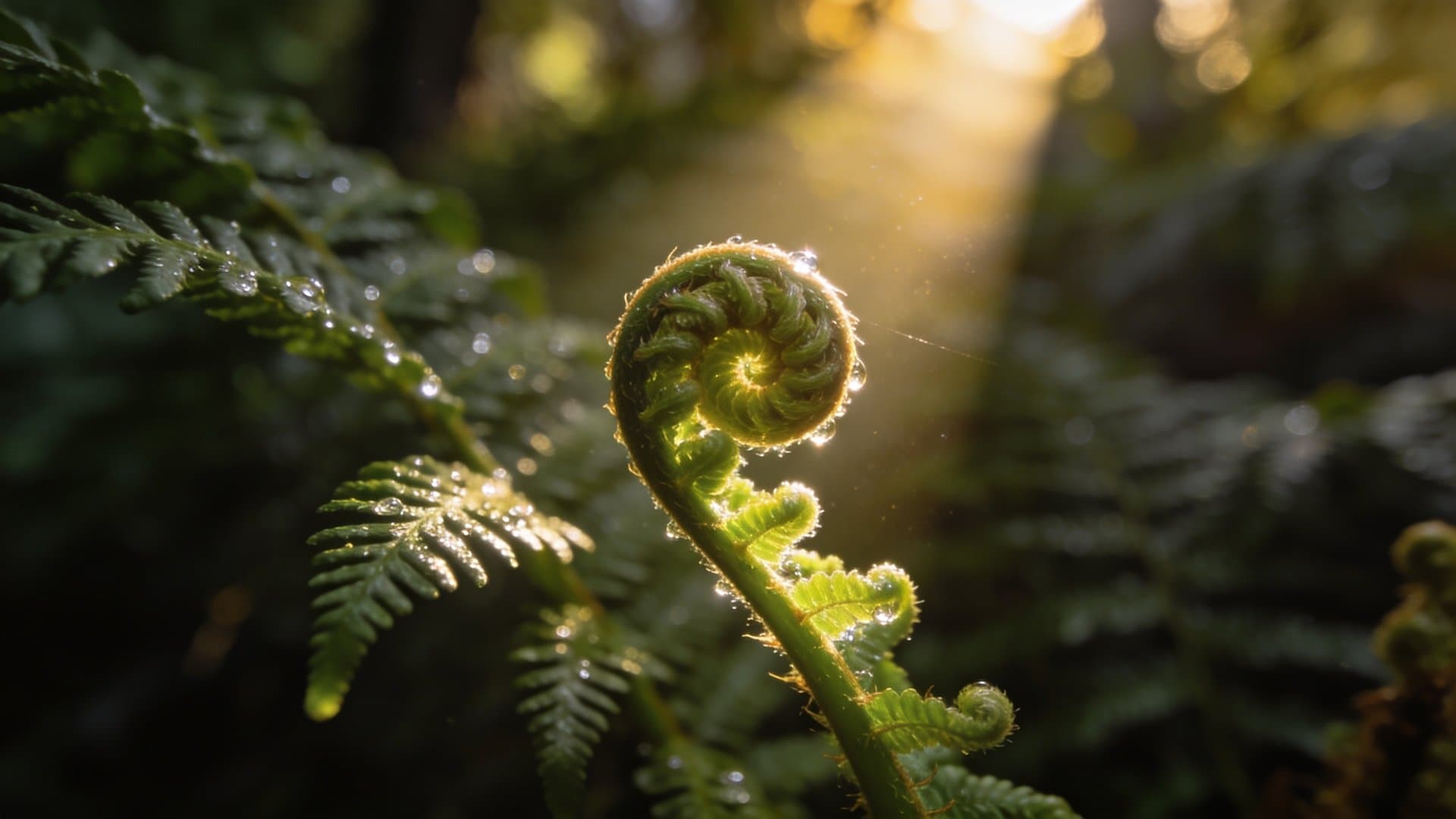 New Zealand koru fern frond unfurling in a shaft of morning light, symbolising slow strong business growth from small beginnings