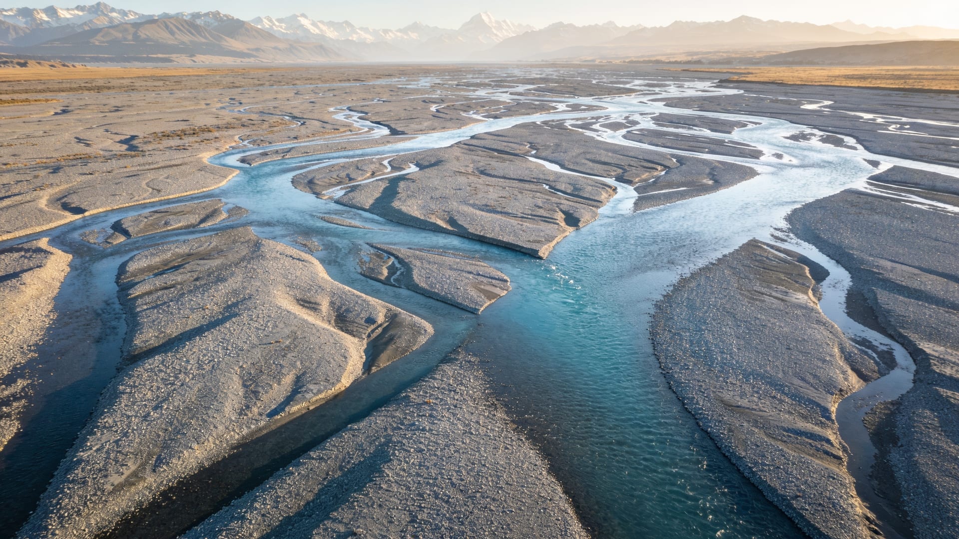 Braided river channels spreading across a New Zealand valley floor, many paths formed organically rather than by design