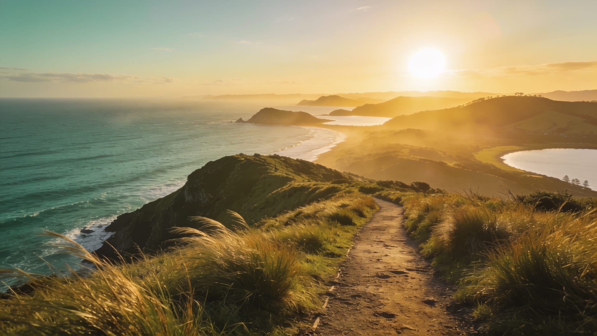 Wide open view from a New Zealand headland at sunrise, the coastline stretching ahead toward the light