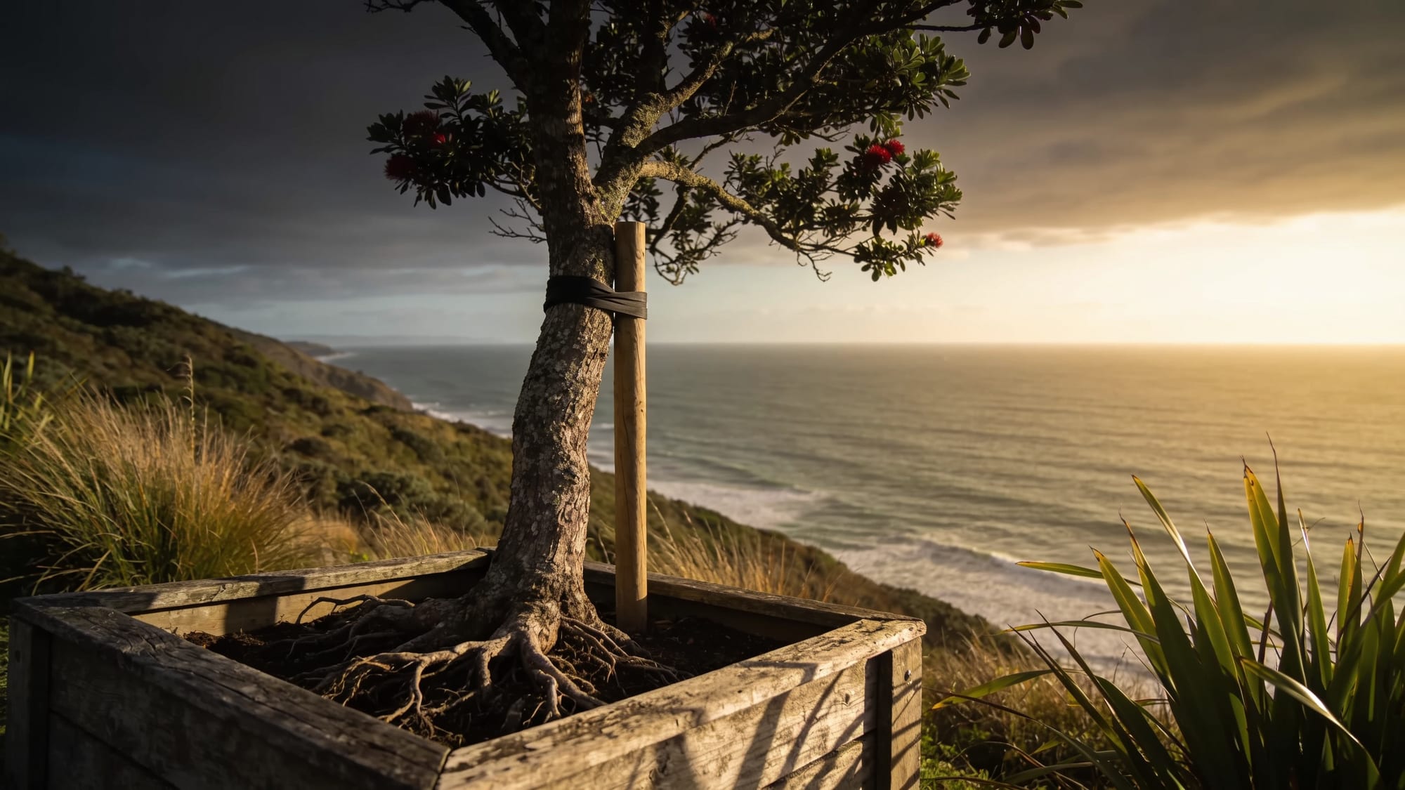 Young native New Zealand tree grown far beyond its wooden stake and ties, roots pushing through a small planter box, morning light on a coastal hillside