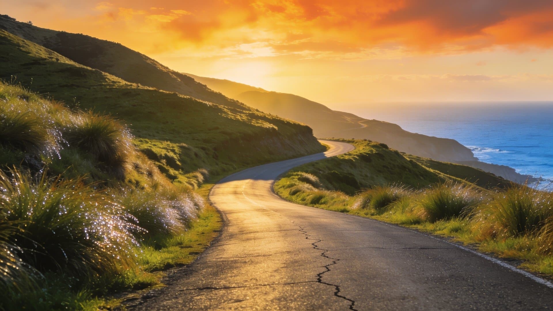 Winding coastal New Zealand road climbing toward sunrise, the road ahead for a new business owner