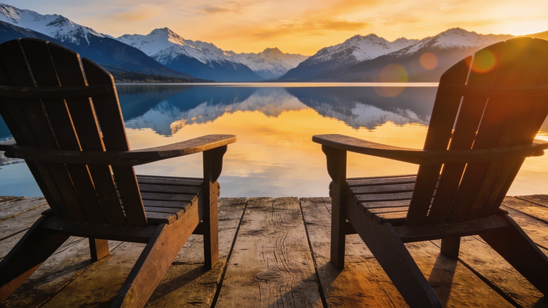 Two wooden chairs side by side on a deck overlooking a calm New Zealand lake and mountains at sunrise, trusted company for the journey