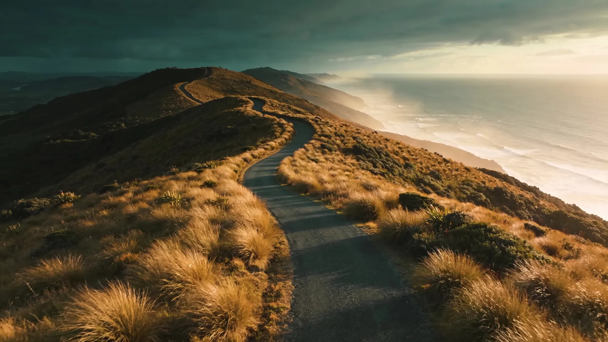 A winding coastal ridge road through golden tussock above the New Zealand ocean