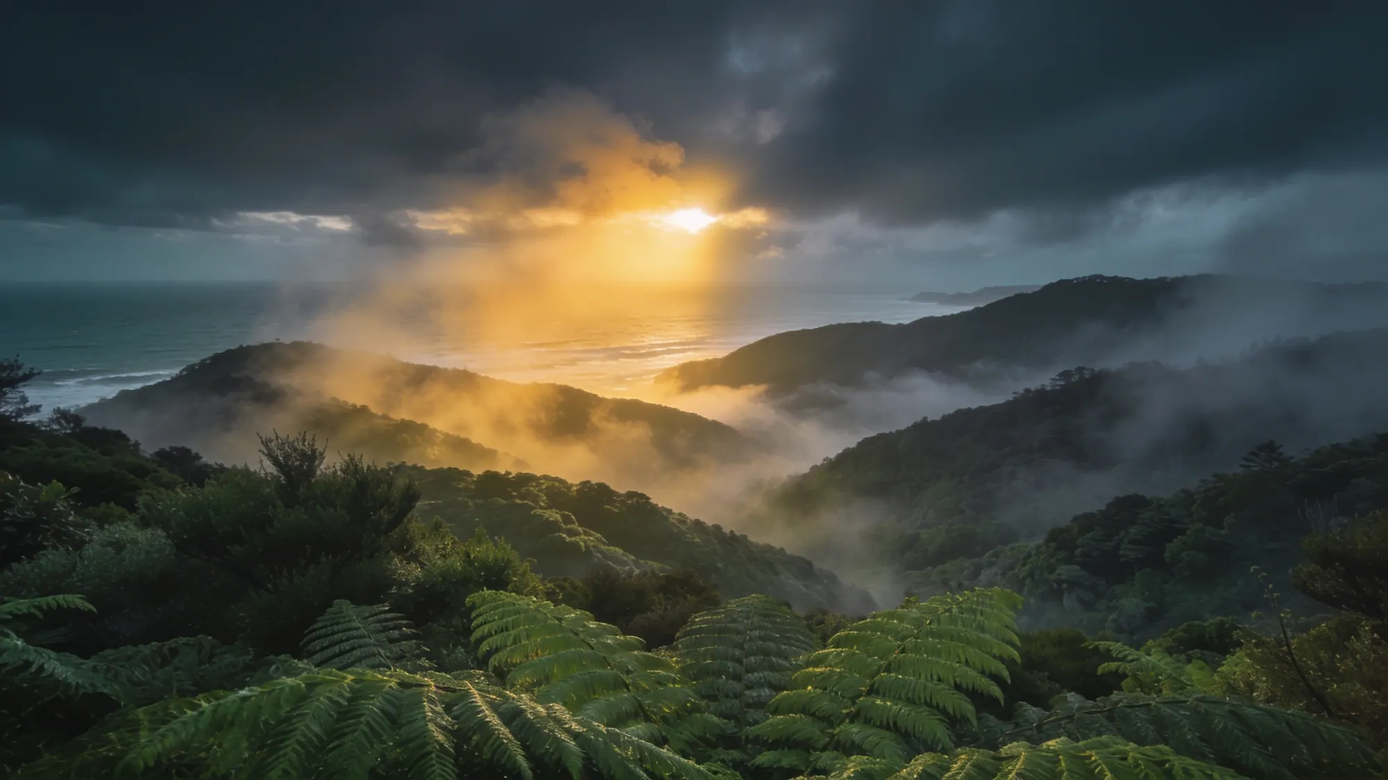 Sunrise over the New Zealand coast viewed through native rainforest ferns